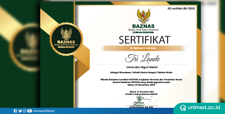 Mahasiswa FBS UNIMED Jadi Wisudawan Terbaik di Acara Wisuda Penerima Beasiswa Cendikia BAZNAS