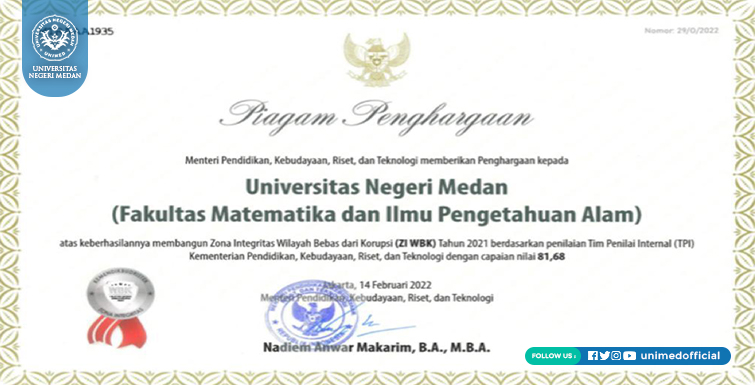 FMIPA Unimed Raih Piagam Penghargaan ZI WBK dari Mendikbudristek RI